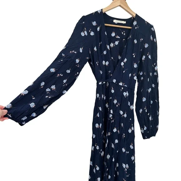 Christy Dawn Bergen Dress Midnight Rose Navy Blue Floral Wrap Midi Long Sleeve L - Picture 3 of 7